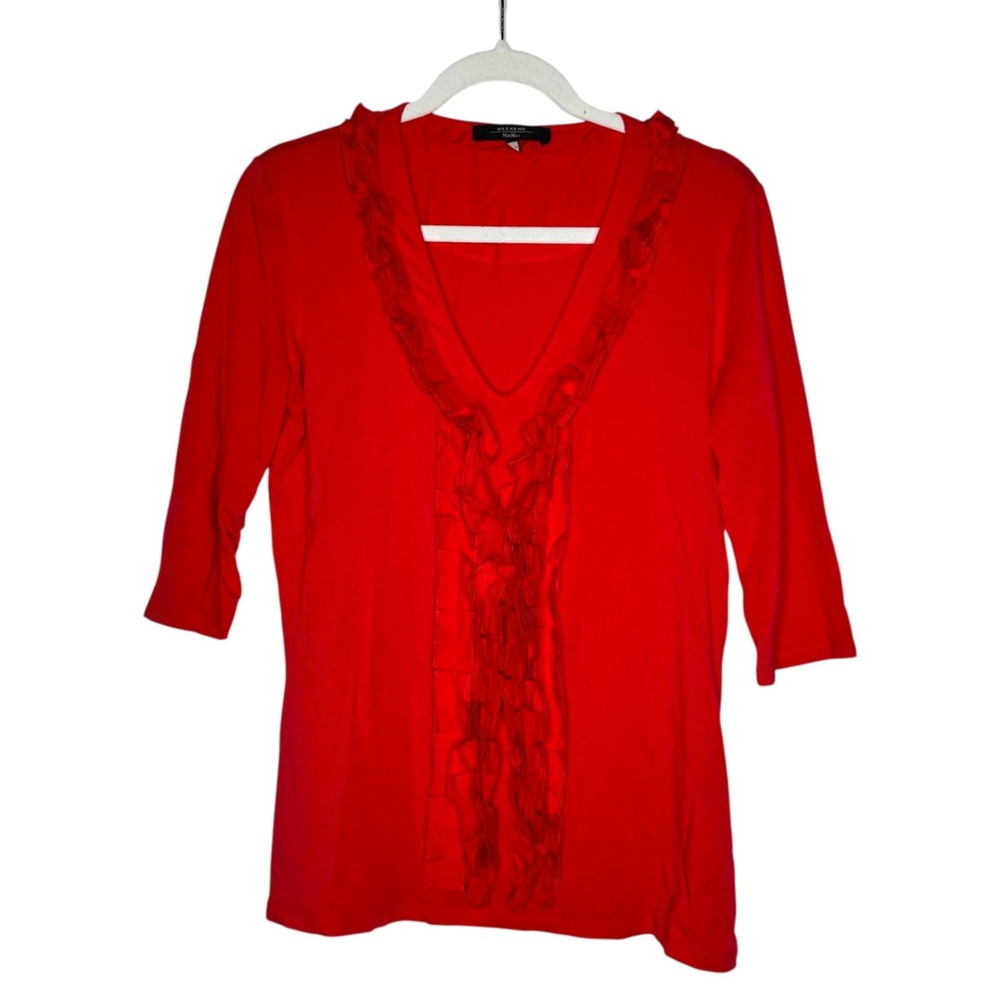 Max Mara Weekend Red Ruffle Front Blouse Top V-Neck 3/4 Sleeve Size Large